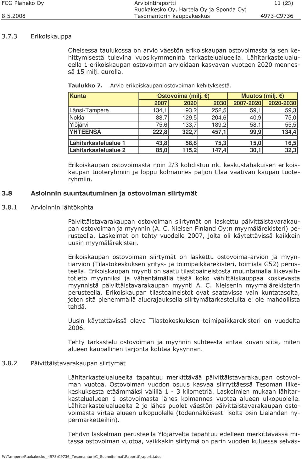 ) 2007 2020 2030 2007-2020 2020-2030 Länsi-Tampere 134,1 193,2 252,5 59,1 59,3 Nokia 88,7 129,5 204,6 40,9 75,0 Ylöjärvi 75,6 133,7 189,2 58,1 55,5 YHTEENSÄ 222,8 322,7 457,1 99,9 134,4