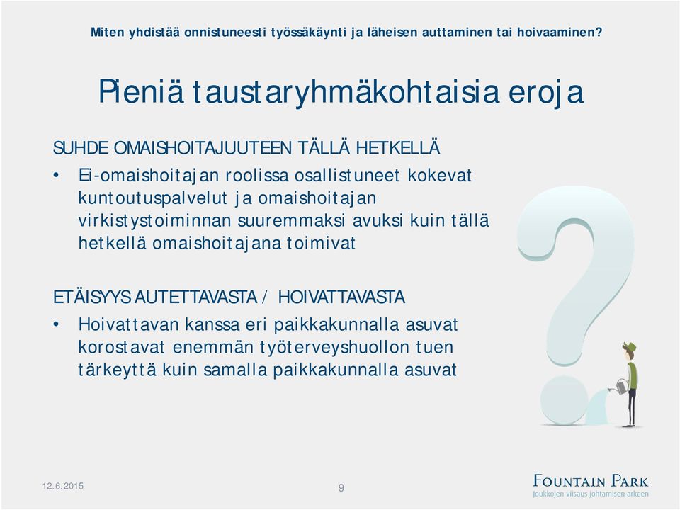 kuntoutuspalvelut ja omaishoitajan virkistystoiminnan suuremmaksi avuksi kuin tällä hetkellä omaishoitajana toimivat ETÄISYYS