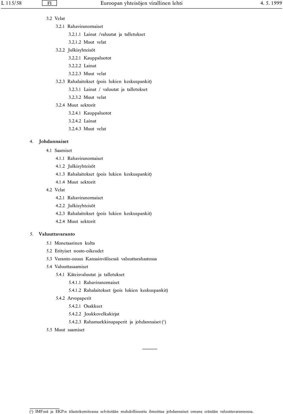 Johdannaiset 4.1 Saamiset 4.1.1 Rahaviranomaiset 4.1.2 Julkisyhteisöt 4.1.3 Rahalaitokset (pois lukien keskuspankit) 4.1.4 Muut sektorit 4.2 Velat 4.2.1 Rahaviranomaiset 4.2.2 Julkisyhteisöt 4.2.3 Rahalaitokset (pois lukien keskuspankit) 4.2.4 Muut sektorit 5.