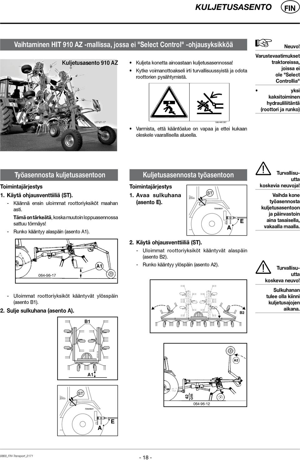 Varustevaatimukset traktoreissa, joissa ei ole "Select Controllia" yksi kaksitoiminen hydrauliliitäntä (roottori ja runko) Varmista, että kääntöalue on vapaa ja ettei kukaan oleskele vaarallisella