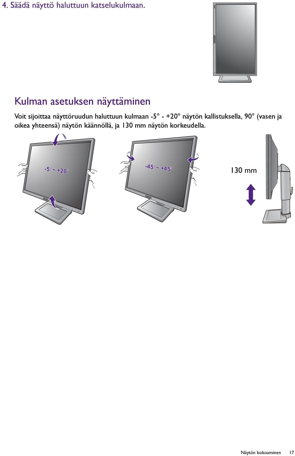 kulmaan -5 - +20 näytön kallistuksella, 90 (vasen ja oikea yhteensä)
