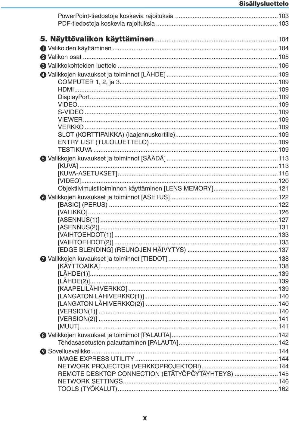 ..109 SLOT (KORTTIPAIKKA) (laajennuskortille)...109 ENTRY LIST (TULOLUETTELO)...109 TESTIKUVA...109 ❺ Valikkojen kuvaukset ja toiminnot [SÄÄDÄ]...113 [KUVA]...113 [KUVA-ASETUKSET]...116 [VIDEO].