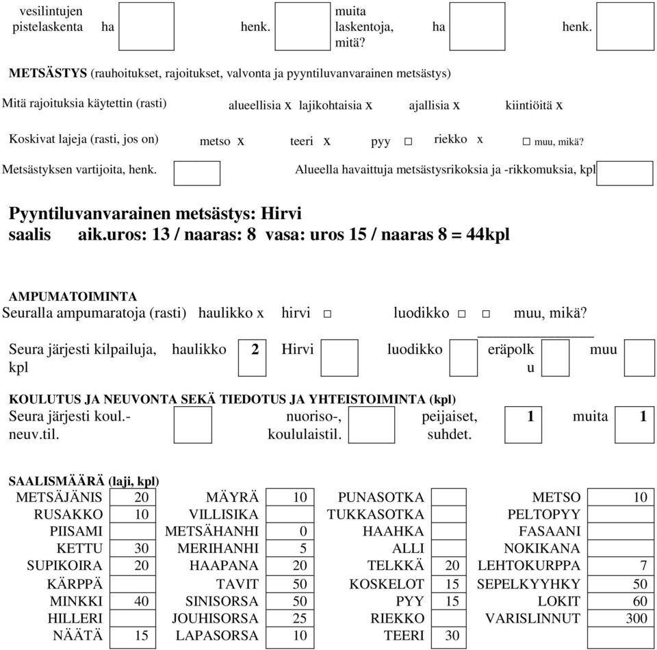 METSÄSTYS (rauhoitukset, rajoitukset, valvonta ja pyyntiluvanvarainen metsästys) Mitä rajoituksia käytettin (rasti) alueellisia x lajikohtaisia x ajallisia x kiintiöitä x Koskivat lajeja (rasti, jos