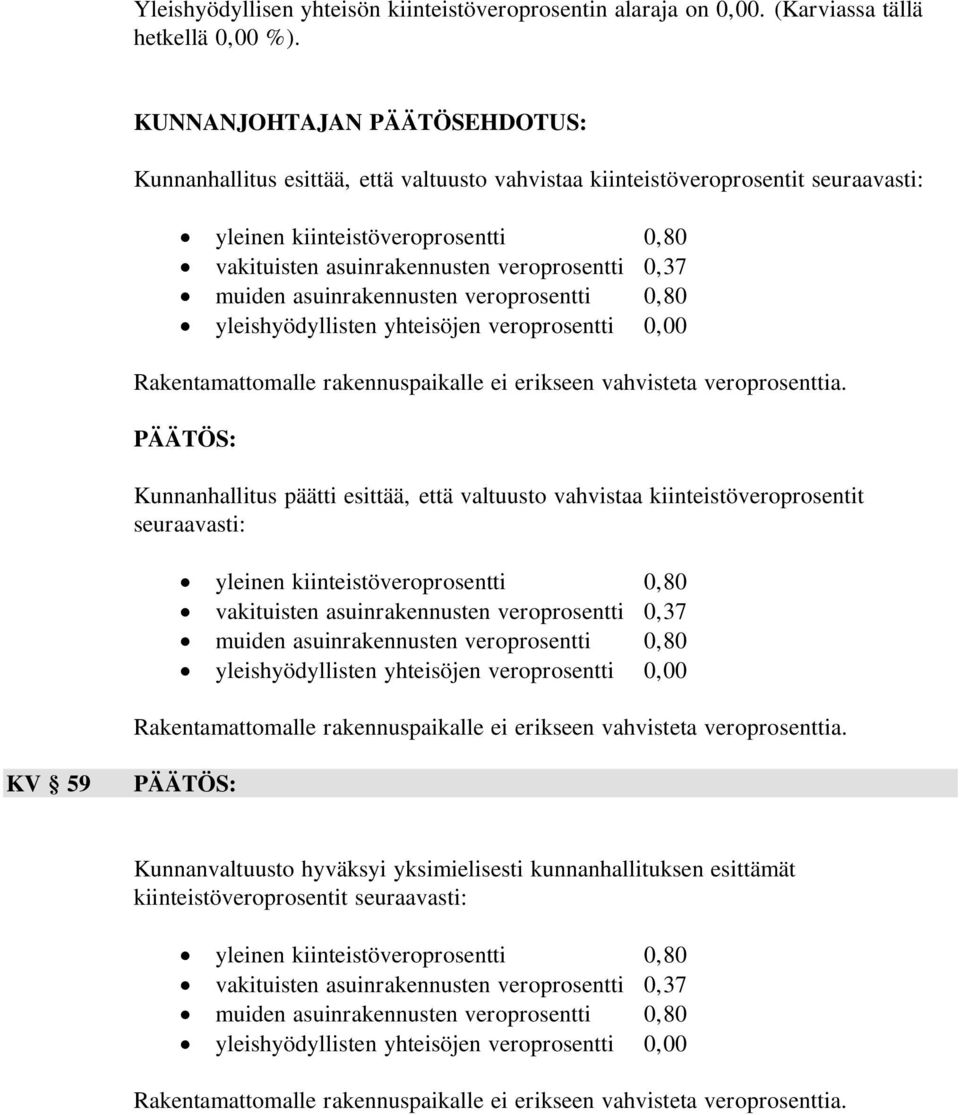 0,37 muiden asuinrakennusten veroprosentti 0,80 yleishyödyllisten yhteisöjen veroprosentti 0,00 Rakentamattomalle rakennuspaikalle ei erikseen vahvisteta veroprosenttia.