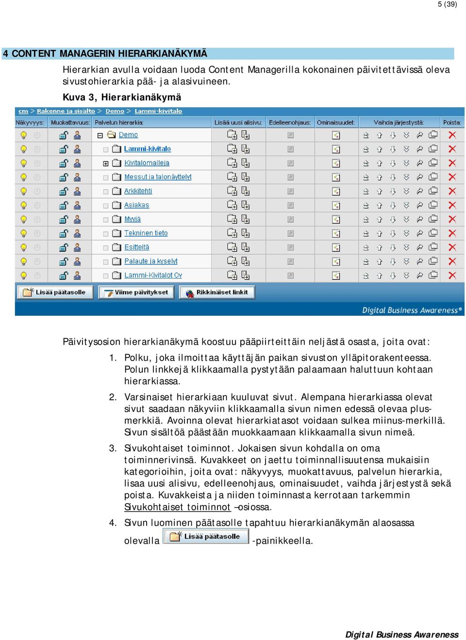 Polun linkkejä klikkaamalla pystytään palaamaan haluttuun kohtaan hierarkiassa. 2. Varsinaiset hierarkiaan kuuluvat sivut.