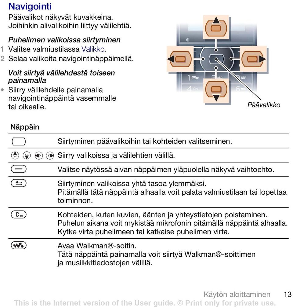 Siirry valikoissa ja välilehtien välillä. Valitse näytössä aivan näppäimen yläpuolella näkyvä vaihtoehto. Siirtyminen valikoissa yhtä tasoa ylemmäksi.