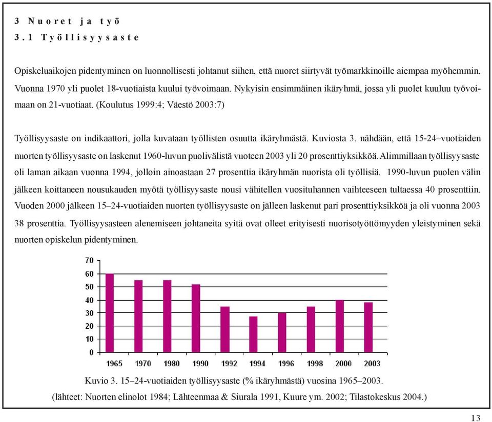 (Koulutus 1999:4; Väestö 2003:7) Työllisyysaste on indikaattori, jolla kuvataan työllisten osuutta ikäryhmästä. Kuviosta 3.