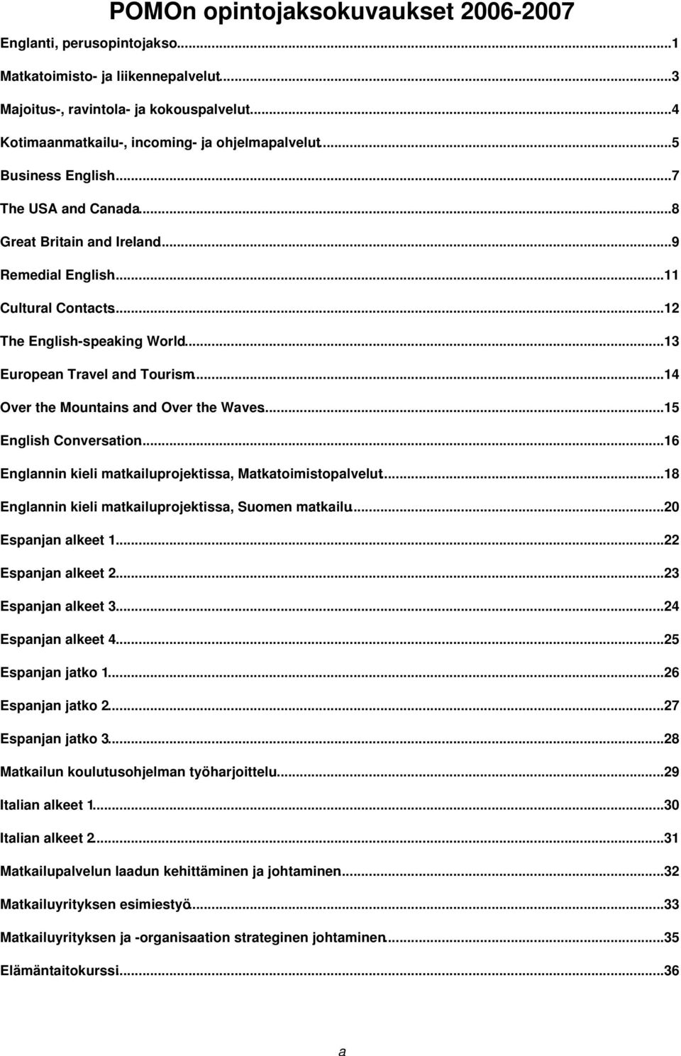 ..14 Over the Mountains and Over the Waves...15 English Conversation...16 Englannin kieli matkailuprojektissa, Matkatoimistopalvelut...18 Englannin kieli matkailuprojektissa, Suomen matkailu.