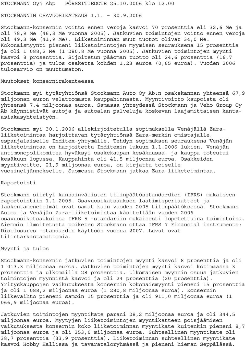 Kokonaismyynti pieneni liiketoimintojen myymisen seurauksena 15 ja oli 1 088,2 Me (1 280,8 Me vuonna 2005). Jatkuvien toimintojen myynti kasvoi 8.