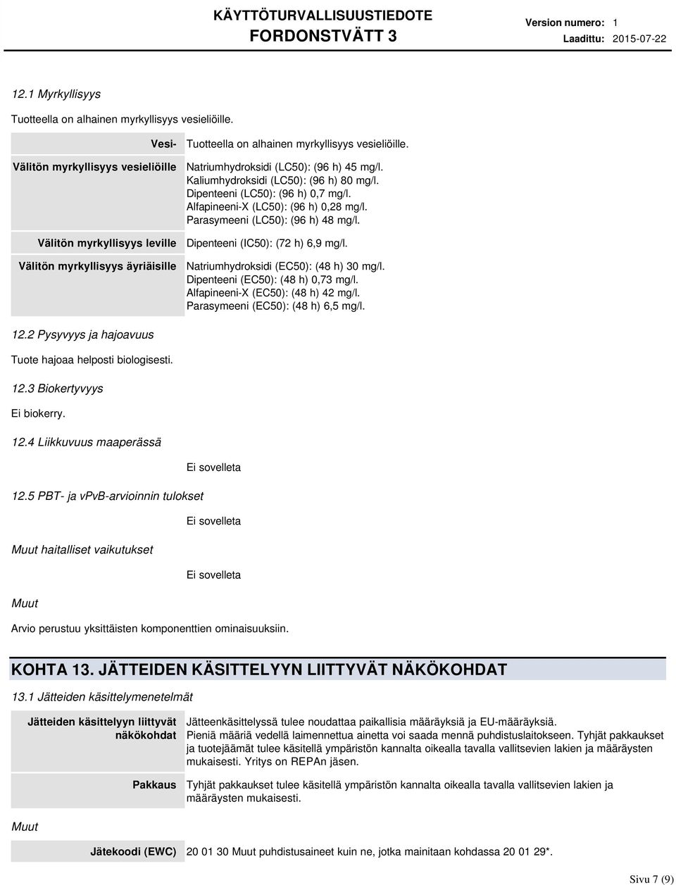 Kaliumhydroksidi (LC50): (96 h) 80 mg/l. Dipenteeni (LC50): (96 h) 0,7 mg/l. Alfapineeni-X (LC50): (96 h) 0,28 mg/l. Parasymeeni (LC50): (96 h) 48 mg/l. Dipenteeni (IC50): (72 h) 6,9 mg/l.