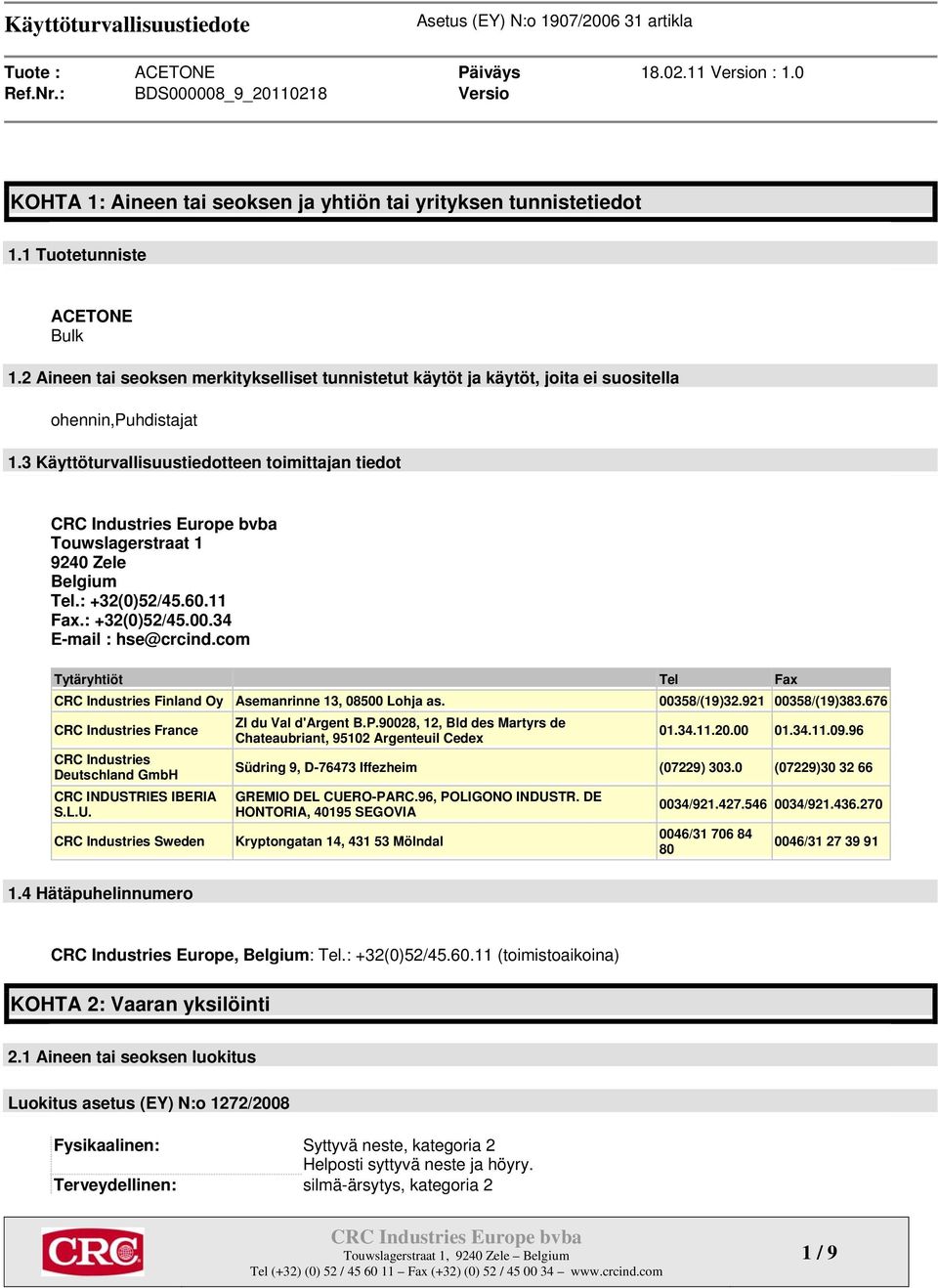 3 Käyttöturvallisuustiedotteen toimittajan tiedot Touwslagerstraat 1 9240 Zele Belgium Tel.: +32(0)52/45.60.11 Fax.: +32(0)52/45.00.34 E-mail : hse@crcind.