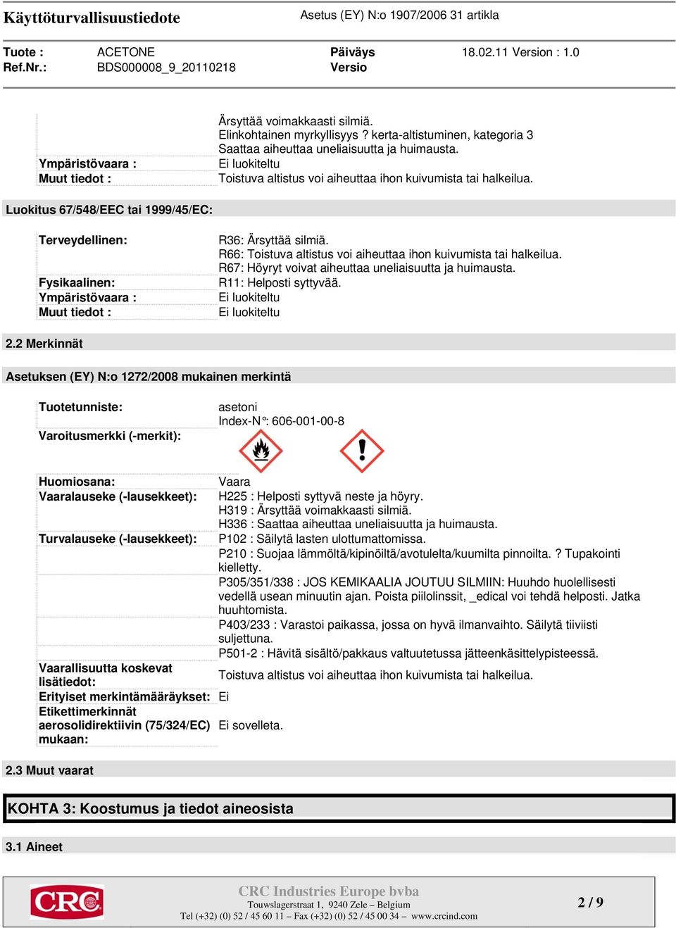 R66: Toistuva altistus voi aiheuttaa ihon kuivumista tai halkeilua. R67: Höyryt voivat aiheuttaa uneliaisuutta ja huimausta. R11: Helposti syttyvää. Ei luokiteltu Ei luokiteltu 2.