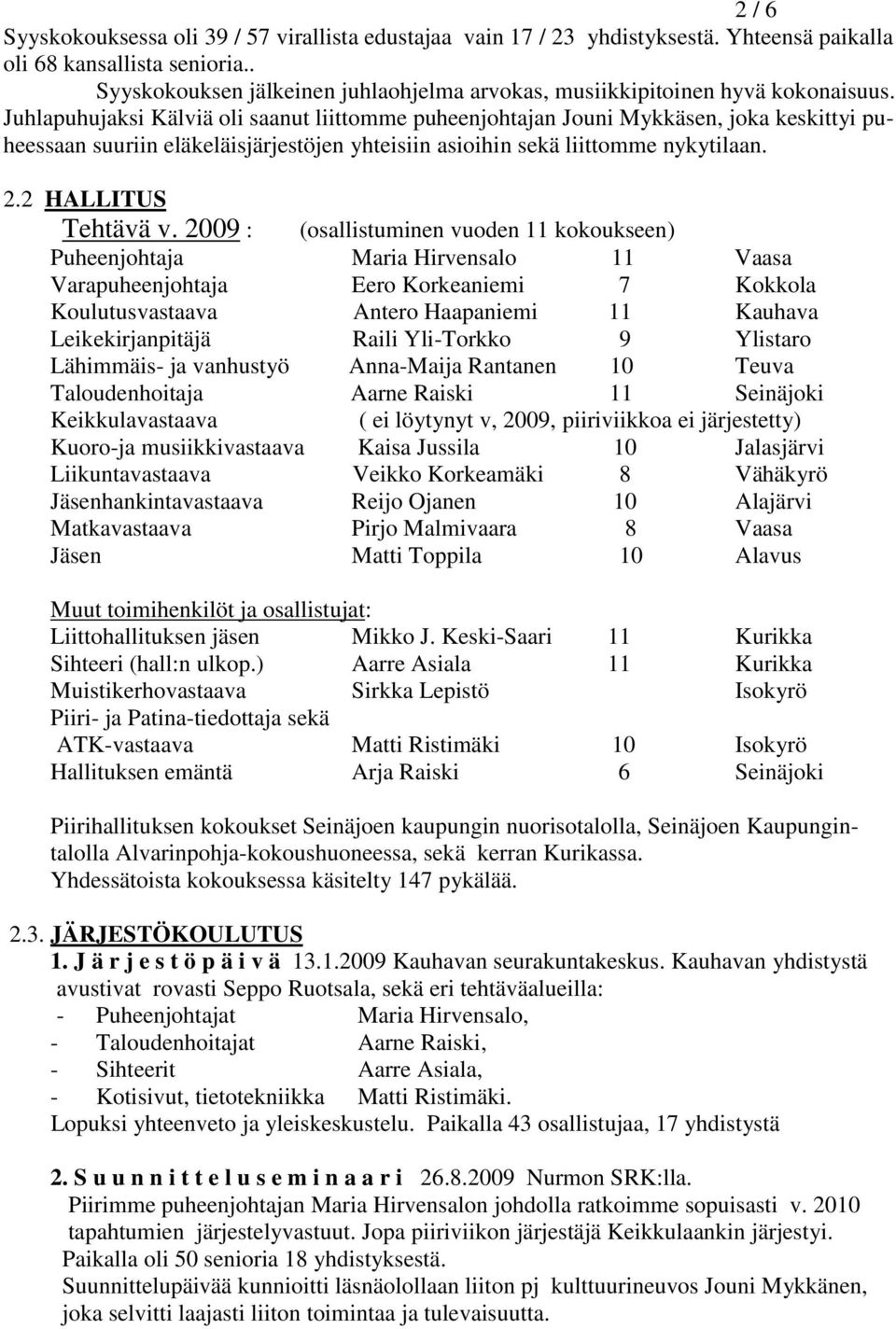 Juhlapuhujaksi Kälviä oli saanut liittomme puheenjohtajan Jouni Mykkäsen, joka keskittyi puheessaan suuriin eläkeläisjärjestöjen yhteisiin asioihin sekä liittomme nykytilaan. 2.2 HALLITUS Tehtävä v.