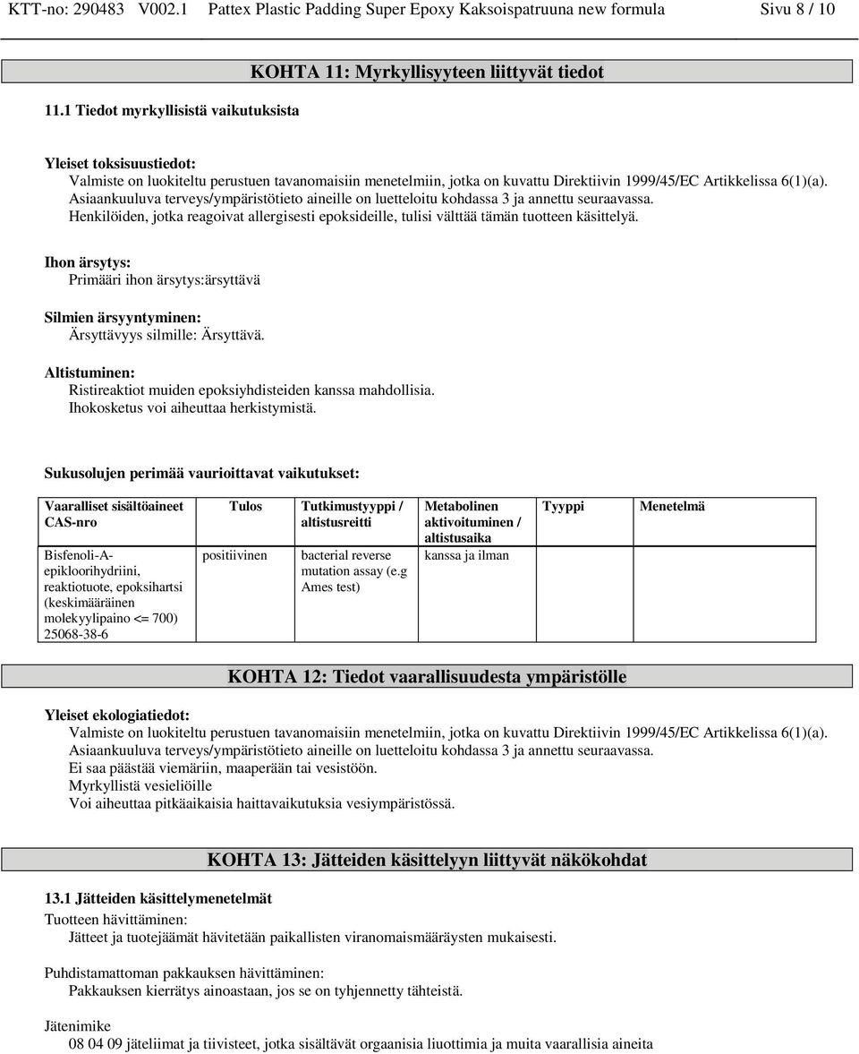 1999/45/EC Artikkelissa 6(1)(a). Asiaankuuluva terveys/ympäristötieto aineille on luetteloitu kohdassa 3 ja annettu seuraavassa.