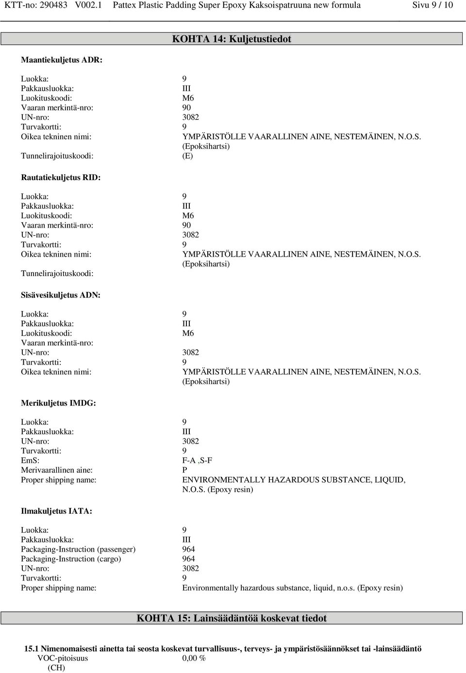 UN-nro: 3082 Turvakortti: 9 Oikea tekninen nimi: YMPÄRIST