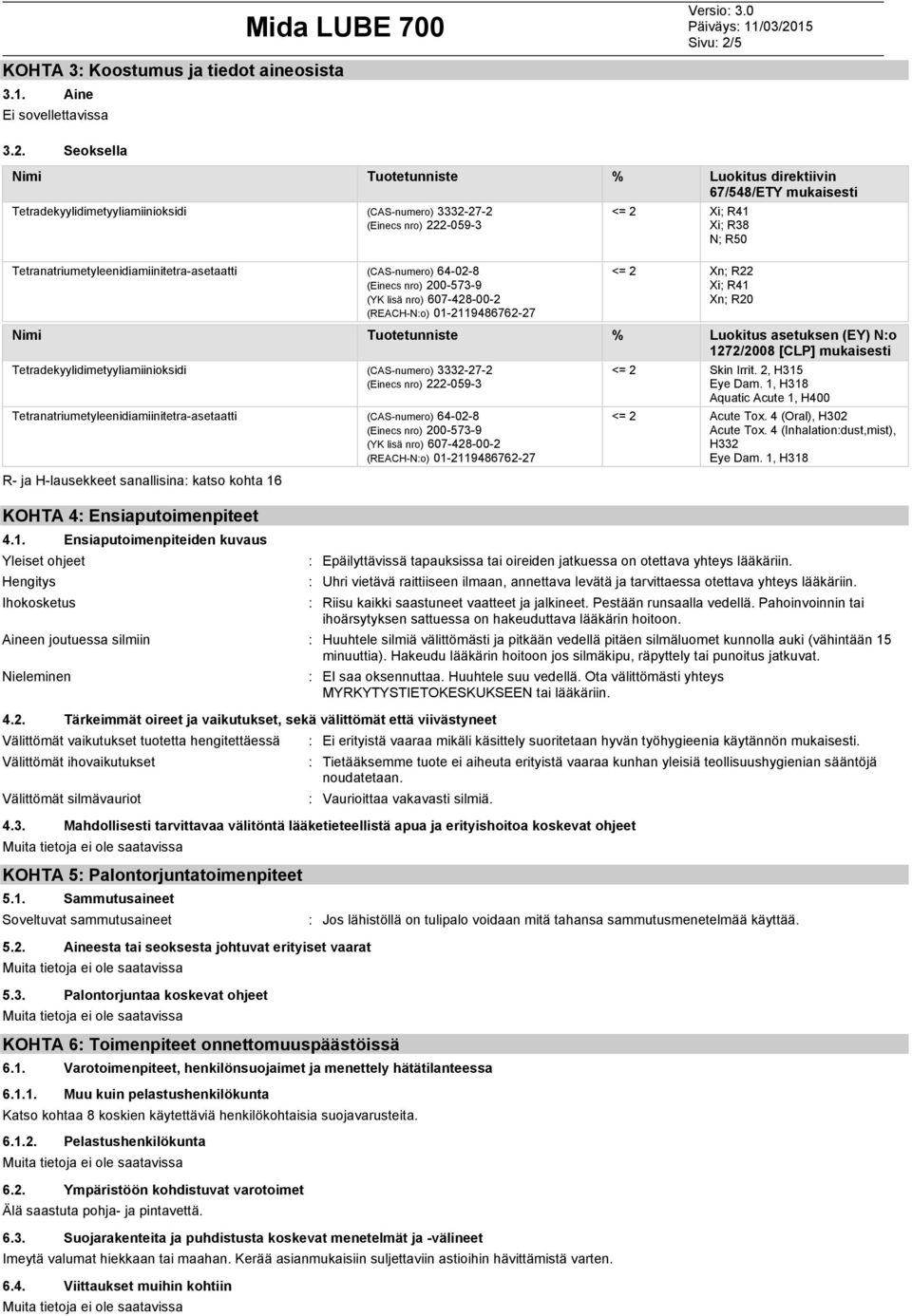 Seoksella Nimi Tuotetunniste % Luokitus direktiivin 67/548/ETY mukaisesti Tetradekyylidimetyyliamiinioksidi (CASnumero) 3332272 (Einecs nro) 2220593 Tetranatriumetyleenidiamiinitetraasetaatti