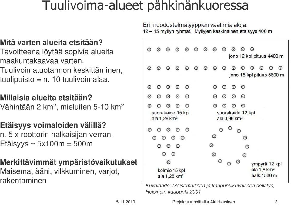 Vähintään 2 km 2, mieluiten 5-10 km 2 Etäisyys voimaloiden välillä? n. 5 x roottorin halkaisijan verran.