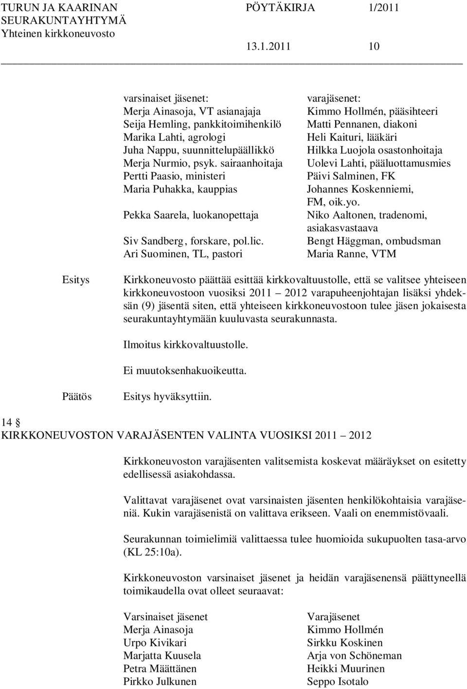 Ari Suominen, TL, pastori varajäsenet: Kimmo Hollmén, pääsihteeri Matti Pennanen, diakoni Heli Kaituri, lääkäri Hilkka Luojola osastonhoitaja Uolevi Lahti, pääluottamusmies Päivi Salminen, FK