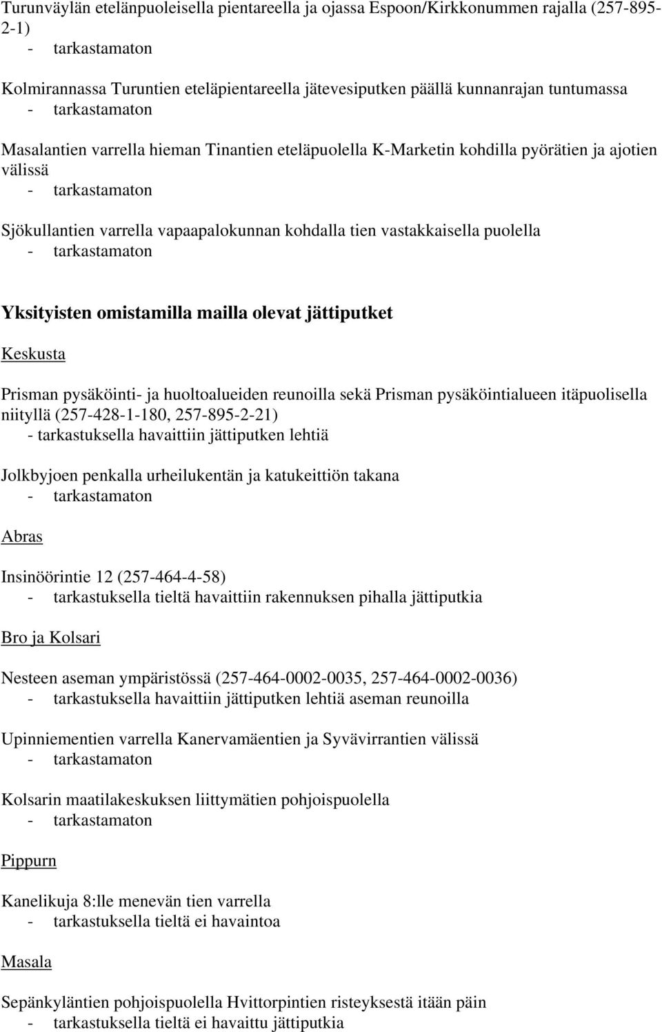 olevat jättiputket Keskusta Prisman pysäköinti- ja huoltoalueiden reunoilla sekä Prisman pysäköintialueen itäpuolisella niityllä (257-428-1-180, 257-895-2-21) - tarkastuksella havaittiin jättiputken