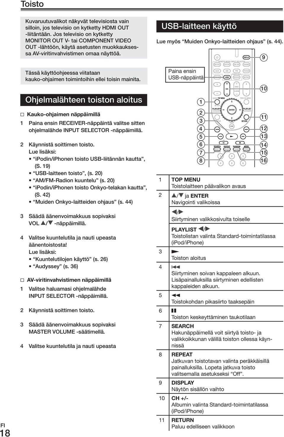 Tässä käyttöohjeessa viitataan kauko-ohjaimen toimintoihin ellei toisin mainita. usb-laitteen käyttö Lue myös muiden onkyo-laitteiden ohjaus (s. 44). Paina.
