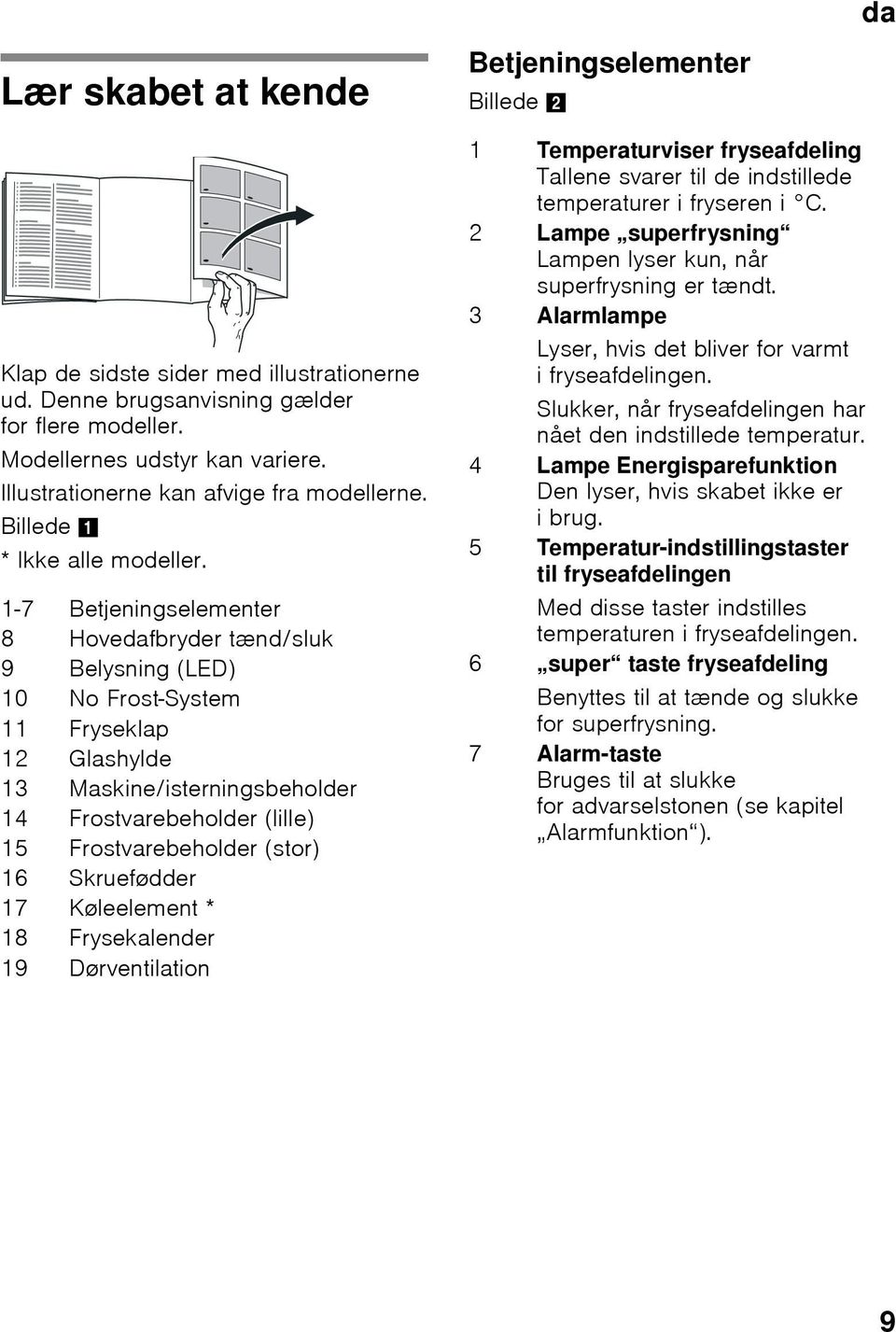 1-7 Betjeningselementer 8 Hovedafbryder tænd/sluk 9 Belysning (LED) 10 No Frost-System 11 Fryseklap 12 Glashylde 13 Maskine/isterningsbeholder 14 Frostvarebeholder (lille) 15 Frostvarebeholder (stor)