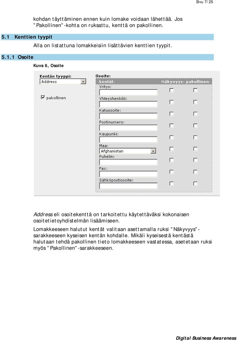 Kuva 6, Osoite Address eli osoitekenttä on tarkoitettu käytettäväksi kokonaisen osoitetietoyhdistelmän lisäämiseen.