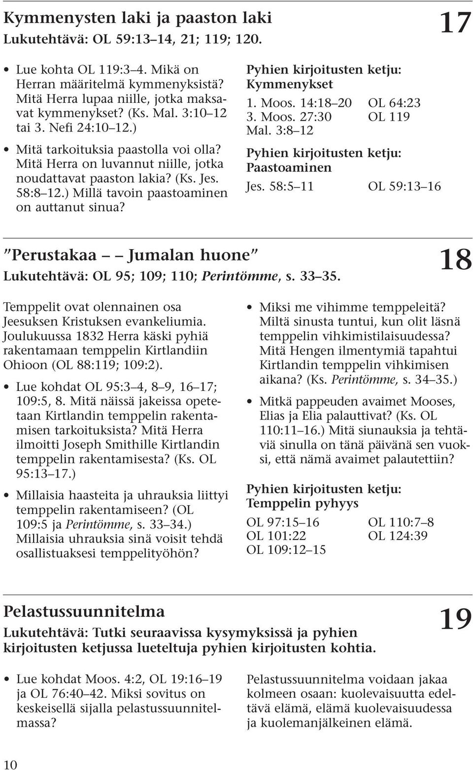 ) Millä tavoin paastoaminen on auttanut sinua? Pyhien kirjoitusten ketju: Kymmenykset 1. Moos. 14:18 20 OL 64:23 3. Moos. 27:30 OL 119 Mal. 3:8 12 Pyhien kirjoitusten ketju: Paastoaminen Jes.