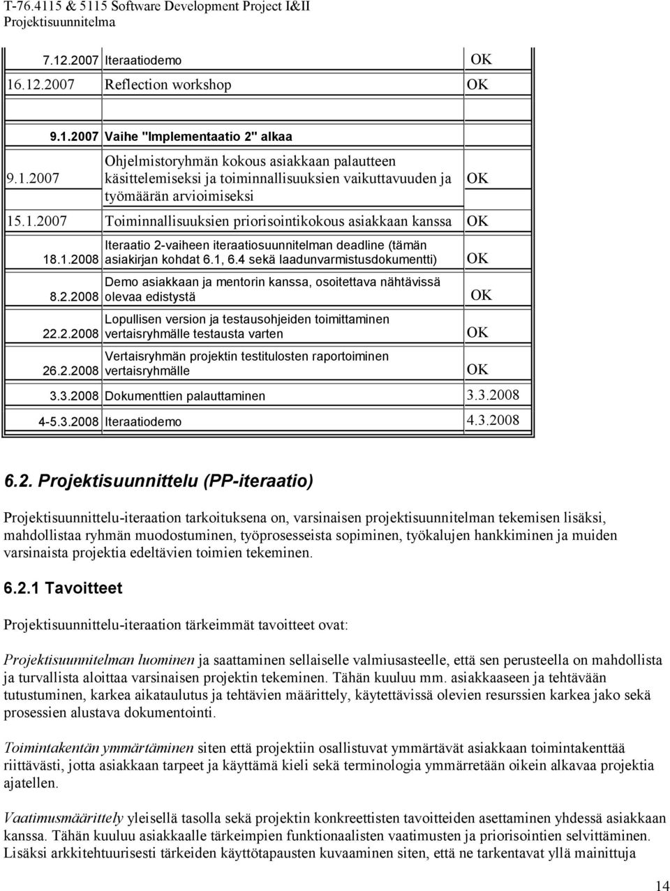 4 sekä laadunvarmistusdokumentti) Demo asiakkaan ja mentorin kanssa, osoitettava nähtävissä olevaa edistystä Lopullisen version ja testausohjeiden toimittaminen vertaisryhmälle testausta varten