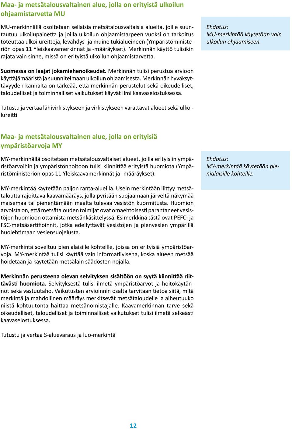 Merkinnän käyttö tulisikin rajata vain sinne, missä on erityistä ulkoilun ohjaamistarvetta. MU-merkintää käytetään vain ulkoilun ohjaamiseen. Suomessa on laajat jokamiehenoikeudet.