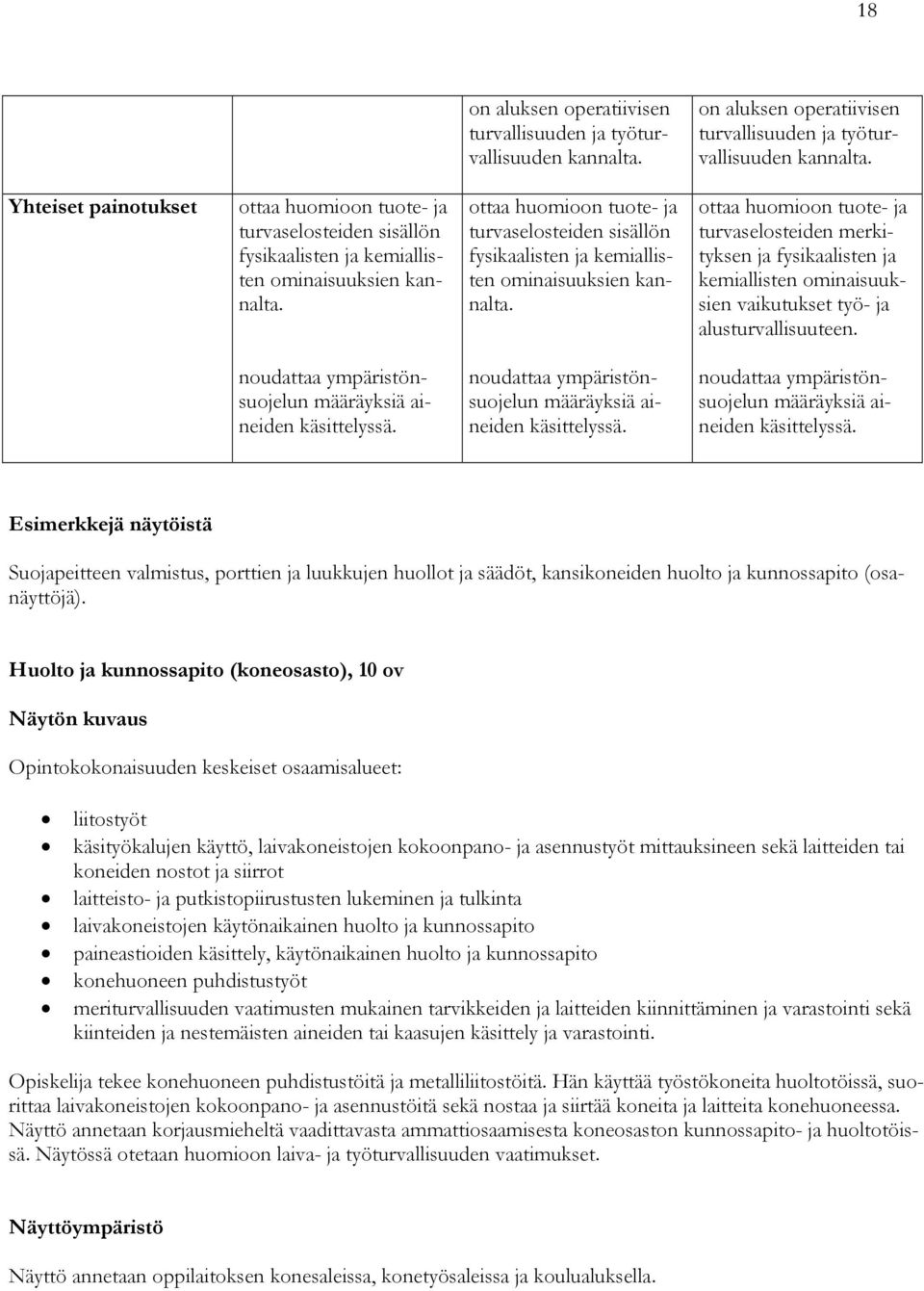 ottaa huomioon tuote- ja turvaselosteiden merkityksen ja fysikaalisten ja kemiallisten ominaisuuksien vaikutukset työ- ja alusturvallisuuteen.