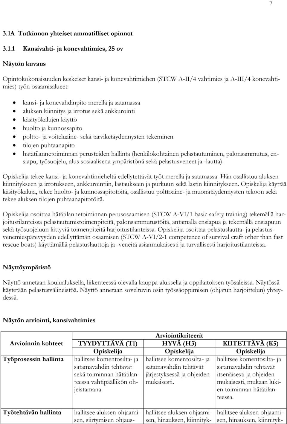 1 Kansivahti- ja konevahtimies, 25 ov Näytön kuvaus Opintokokonaisuuden keskeiset kansi- ja konevahtimiehen (STCW A-II/4 vahtimies ja A-III/4 konevahtimies) työn osaamisalueet: kansi- ja