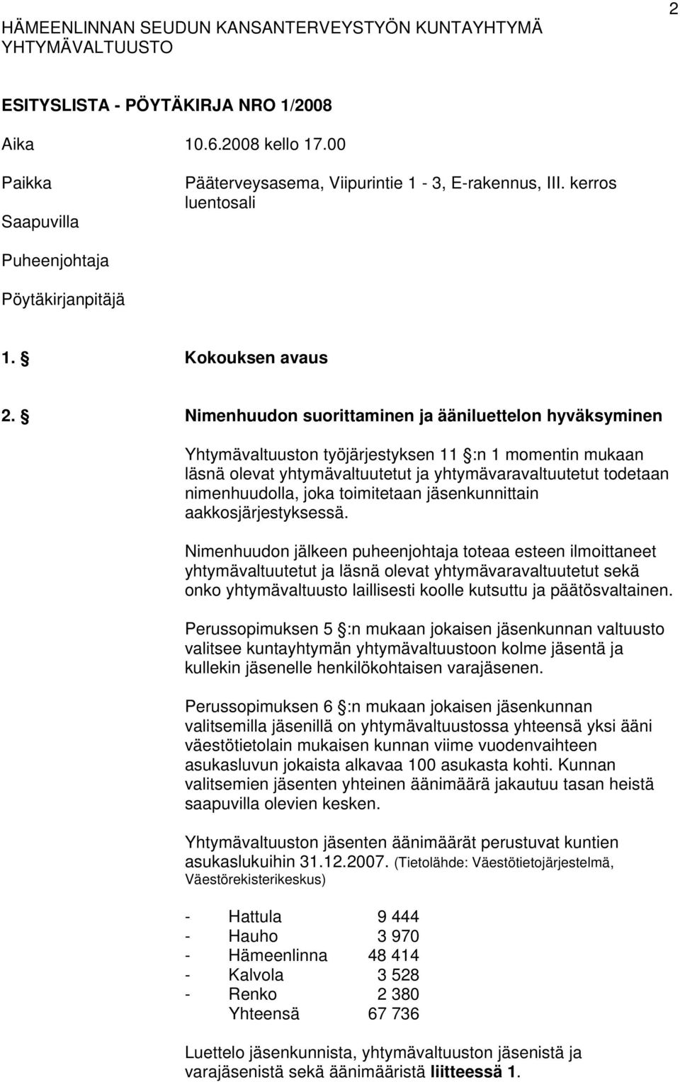 Nimenhuudon suorittaminen ja ääniluettelon hyväksyminen Yhtymävaltuuston työjärjestyksen 11 :n 1 momentin mukaan läsnä olevat yhtymävaltuutetut ja yhtymävaravaltuutetut todetaan nimenhuudolla, joka