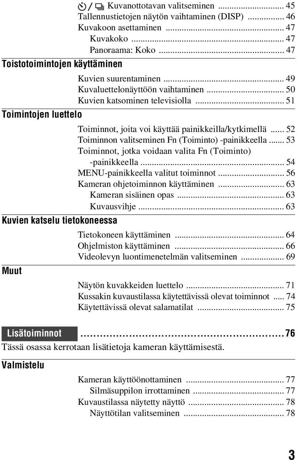 .. 52 Toiminnon valitseminen Fn (Toiminto) -painikkeella... 53 Toiminnot, jotka voidaan valita Fn (Toiminto) -painikkeella... 54 MENU-painikkeella valitut toiminnot.