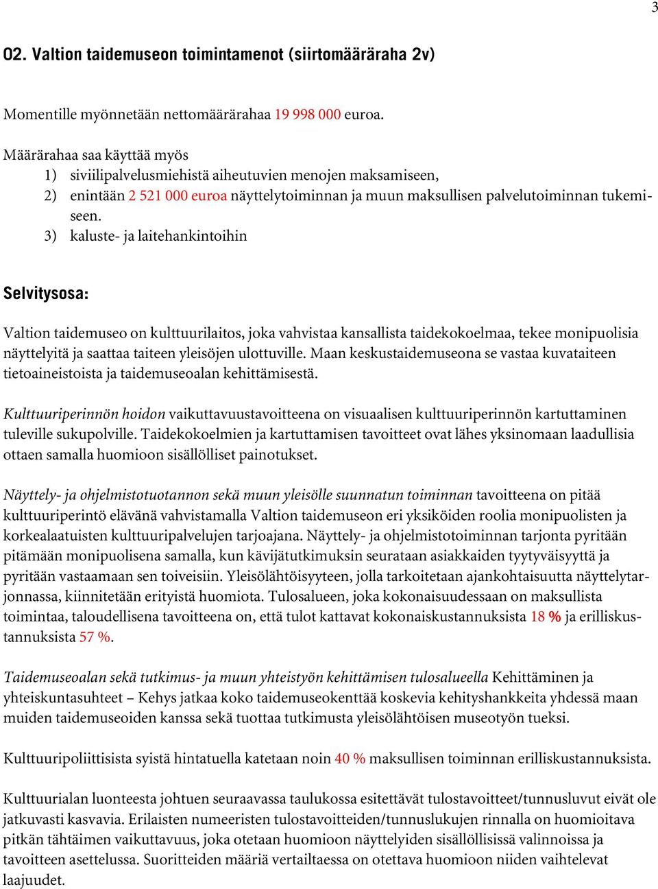 3) kaluste- ja laitehankintoihin Selvitysosa: Valtion taidemuseo on kulttuurilaitos, joka vahvistaa kansallista taidekokoelmaa, tekee monipuolisia näyttelyitä ja saattaa taiteen yleisöjen ulottuville.