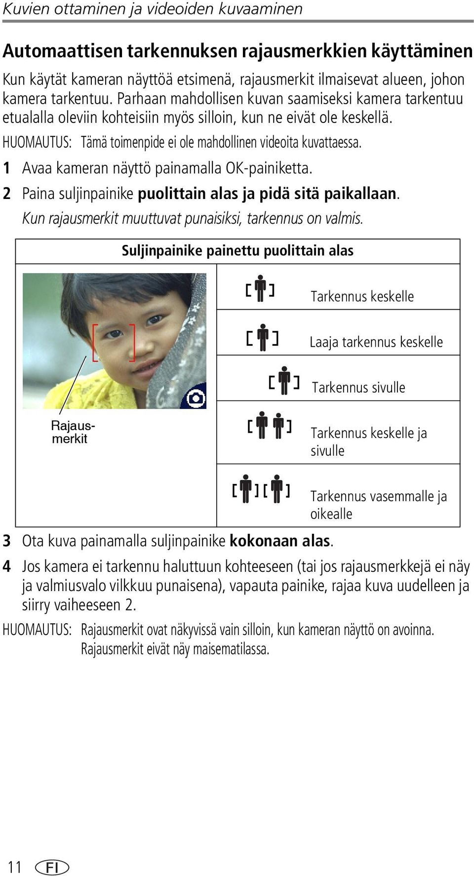 1 Avaa kameran näyttö painamalla OK-painiketta. 2 Paina suljinpainike puolittain alas ja pidä sitä paikallaan. Kun rajausmerkit muuttuvat punaisiksi, tarkennus on valmis.