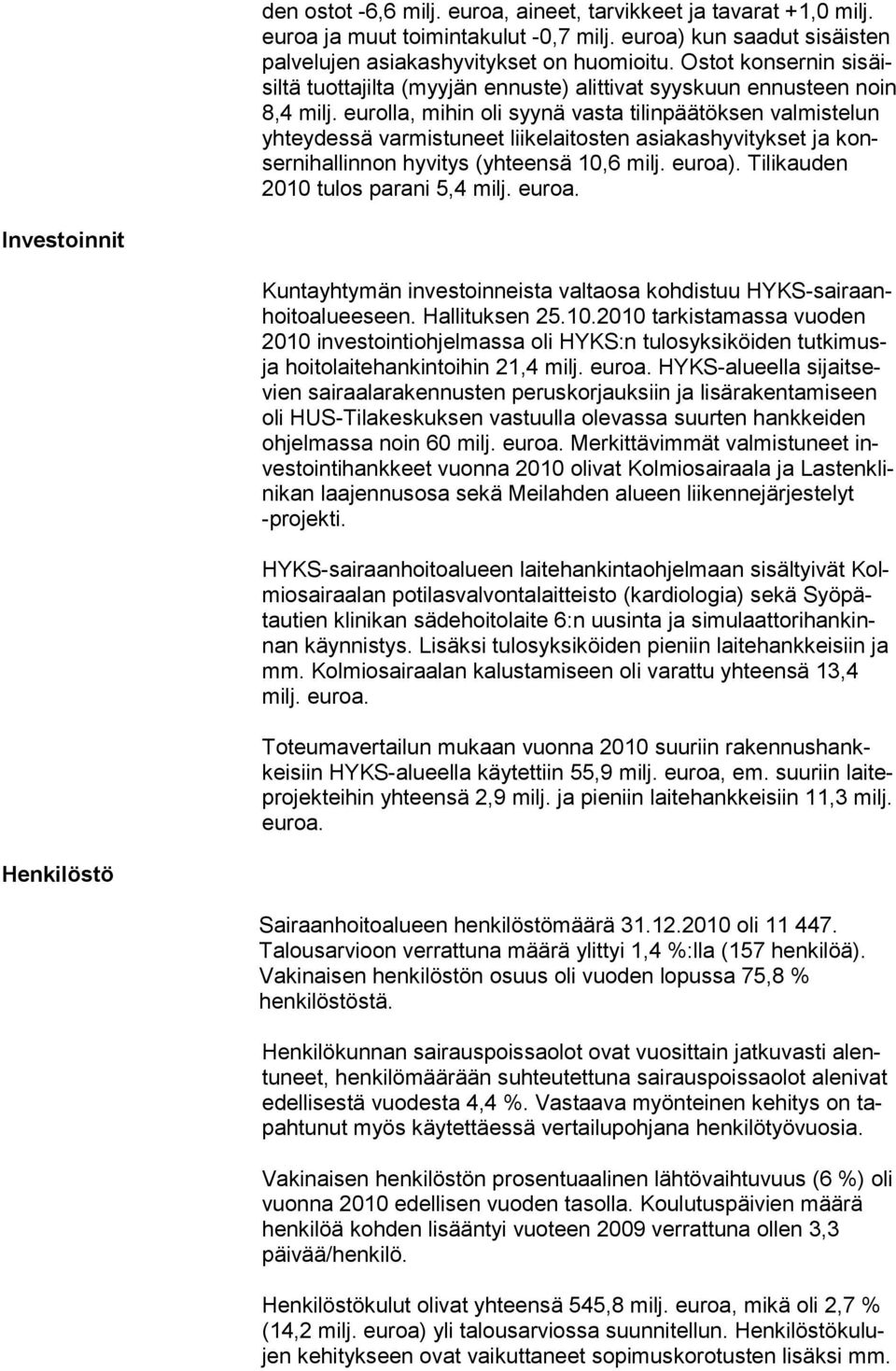 eurolla, mihin oli syynä vasta tilinpäätöksen valmistelun yhteydessä varmistuneet liikelaitosten asiakashyvitykset ja konsernihallinnon hyvitys (yhteensä 10,6 milj. euroa).