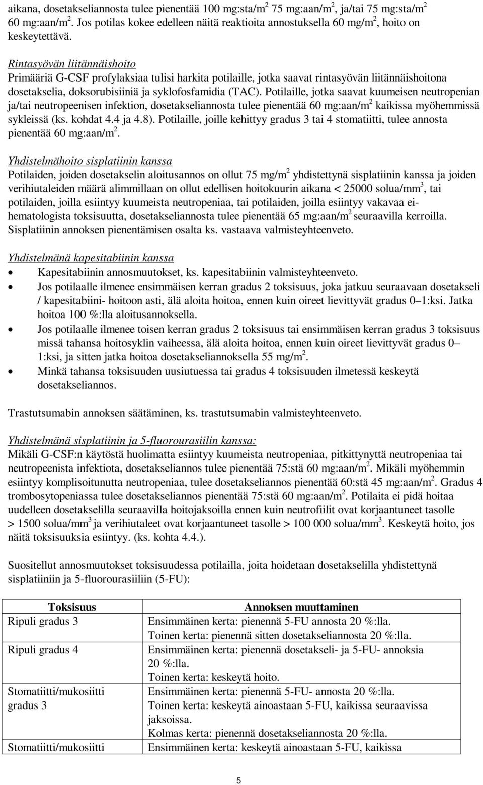 Rintasyövän liitännäishoito Primääriä G-CSF profylaksiaa tulisi harkita potilaille, jotka saavat rintasyövän liitännäishoitona dosetakselia, doksorubisiiniä ja syklofosfamidia (TAC).