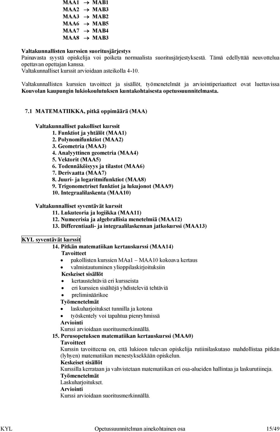 Valtakunnallisten kurssien tavoitteet ja sisällöt, työmenetelmät ja arviointiperiaatteet ovat luettavissa Kouvolan kaupungin lukiokoulutuksen kuntakohtaisesta opetussuunnitelmasta. 7.