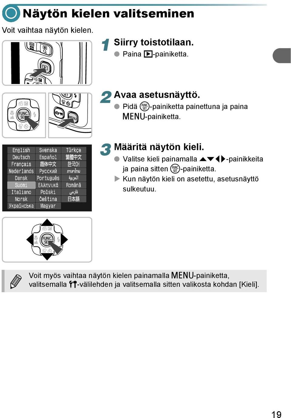 Valitse kieli painamalla opqr-painikkeita ja paina sitten m-painiketta.