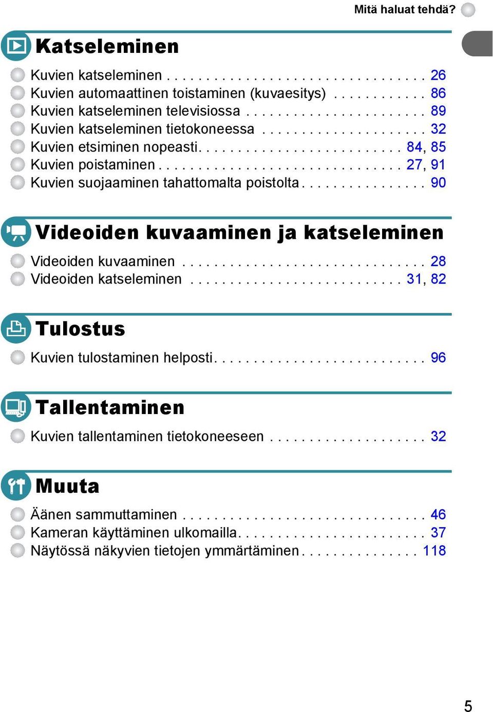 .............................. 27, 91 Kuvien suojaaminen tahattomalta poistolta................ 90 Videoiden kuvaaminen ja katseleminen Videoiden kuvaaminen............................... 28 Videoiden katseleminen.