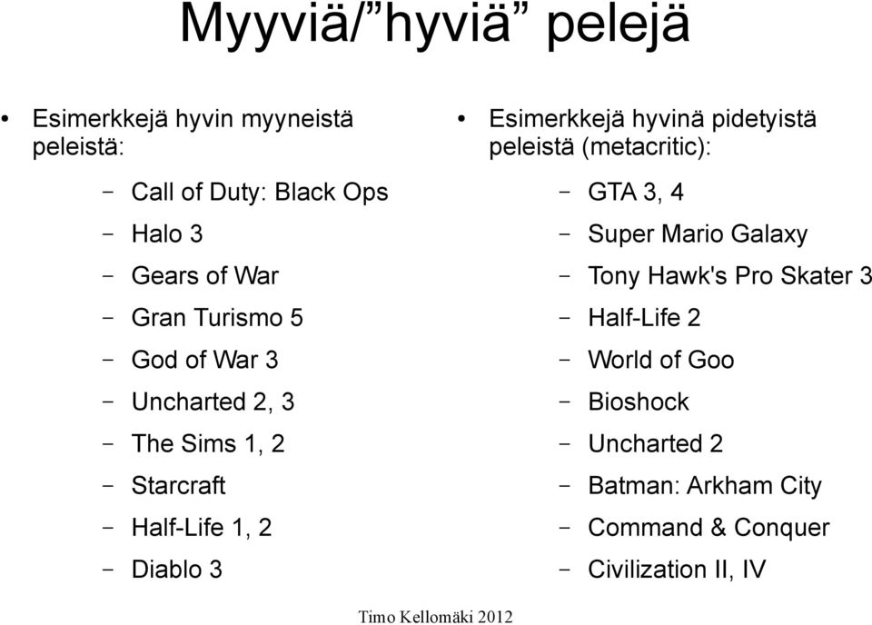 Pro Skater 3 Gran Turismo 5 Half-Life 2 God of War 3 World of Goo Uncharted 2, 3 Bioshock The Sims