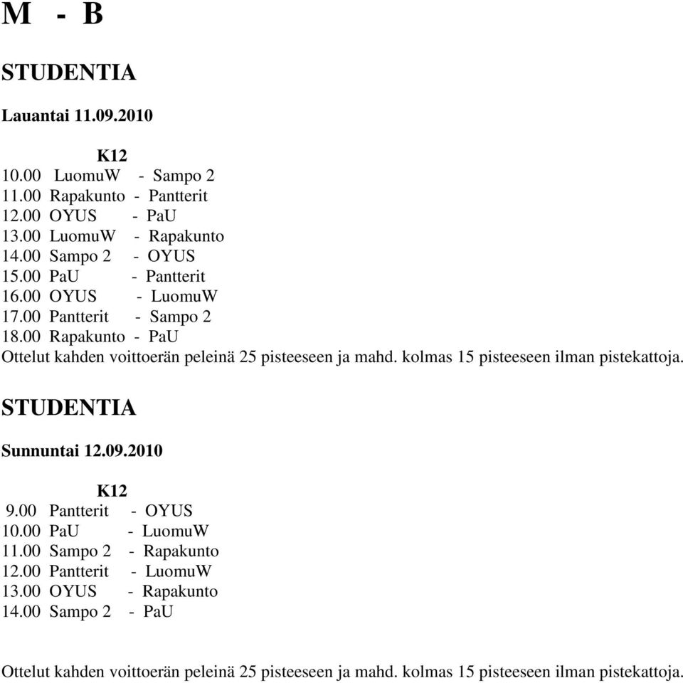 00 Rapakunto - PaU Ottelut kahden voittoerän peleinä 25 pisteeseen ja mahd. kolmas 15 pisteeseen ilman pistekattoja. STUDENTIA K12 9.