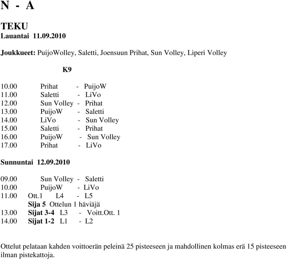 00 Prihat - LiVo 09.00 Sun Volley - Saletti 10.00 PuijoW - LiVo 11.00 Ott.1 L4 - L5 Sija 5 Ottelun 1 häviäjä 13.00 Sijat 3-4 L3 - Voitt.