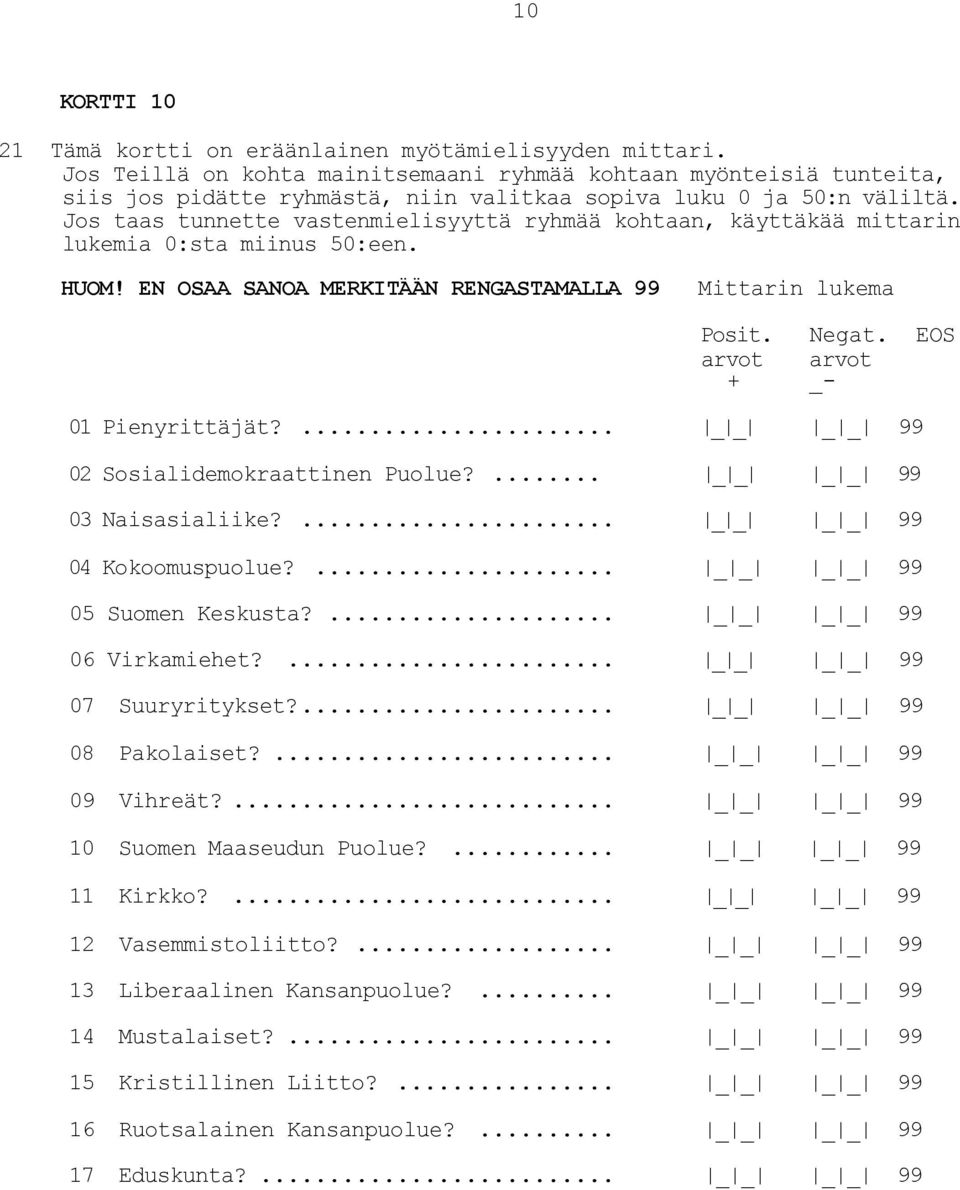 Jos taas tunnette vastenmielisyyttä ryhmää kohtaan, käyttäkää mittarin lukemia 0:sta miinus 50:een. HUOM! EN OSAA SANOA MERKITÄÄN RENGASTAMALLA 99 Mittarin lukema Posit. Negat.