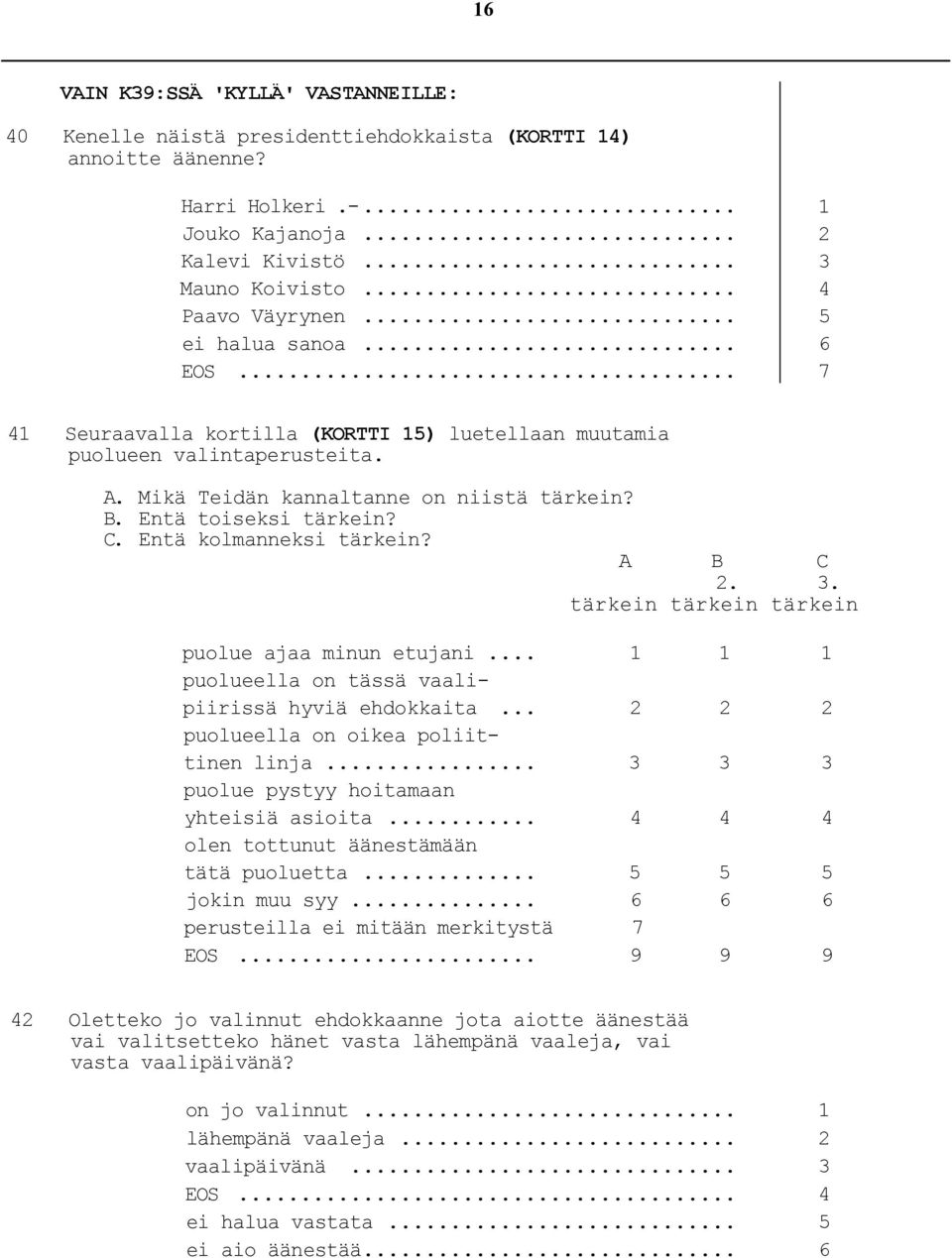 Entä kolmanneksi tärkein? A B C.. tärkein tärkein tärkein puolue ajaa minun etujani... puolueella on tässä vaalipiirissä hyviä ehdokkaita... puolueella on oikea poliittinen linja.