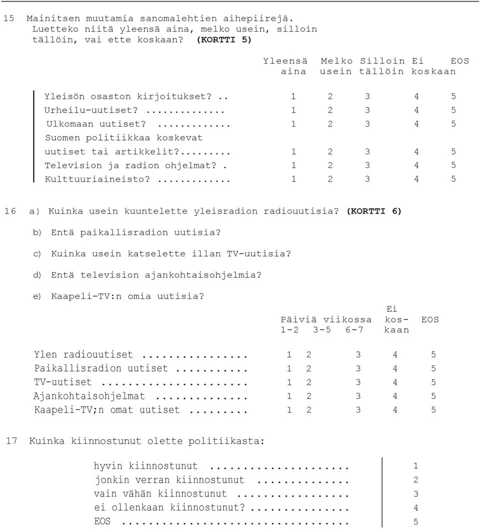 ... Television ja radion ohjelmat?. Kulttuuriaineisto?... 6 a) Kuinka usein kuuntelette yleisradion radiouutisia? (KORTTI 6) b) Entä paikallisradion uutisia?