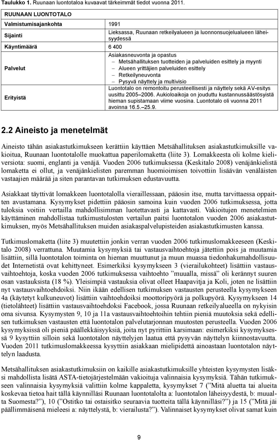 ja palveluiden esittely ja myynti Palvelut Alueen yrittäjien palveluiden esittely Retkeilyneuvonta Pysyvä näyttely ja multivisio Luontotalo on remontoitu perusteellisesti ja näyttely sekä AV-esitys