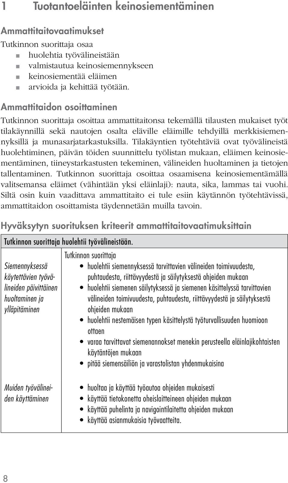 Tilakäyntien työtehtäviä ovat työvälineistä huolehtiminen, päivän töiden suunnittelu työlistan mukaan, eläimen keinosiementäminen, tiineystarkastusten tekeminen, välineiden huoltaminen ja tietojen