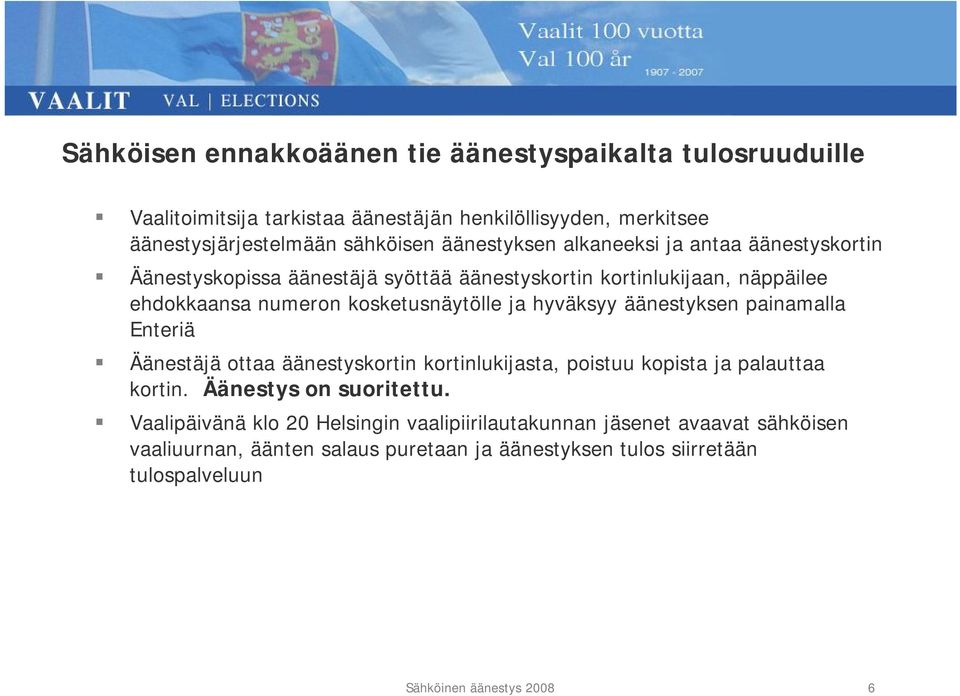 hyväksyy äänestyksen painamalla Enteriä Äänestäjä ottaa äänestyskortin kortinlukijasta, poistuu kopista ja palauttaa kortin. Äänestys on suoritettu.