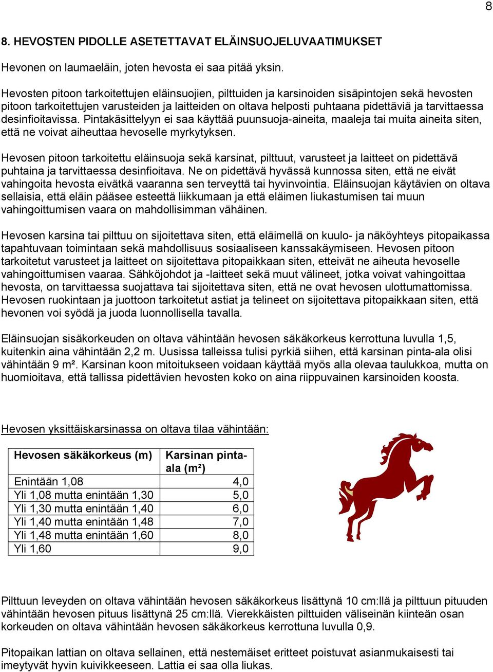 tarvittaessa desinfioitavissa. Pintakäsittelyyn ei saa käyttää puunsuoja-aineita, maaleja tai muita aineita siten, että ne voivat aiheuttaa hevoselle myrkytyksen.